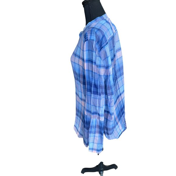 Softened Loft Semi Sheer Plaid Shirt Top XL Blue Pink Cotage Core Artsy Cotton - Picture 3 of 9